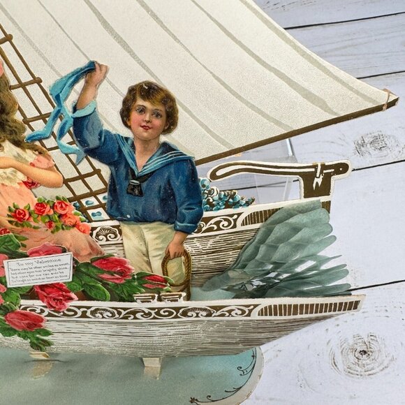 Vintage 1930's To my Valentine Victorian 3D Sailboat Pop Card Couple Celebration - Picture 6 of 9